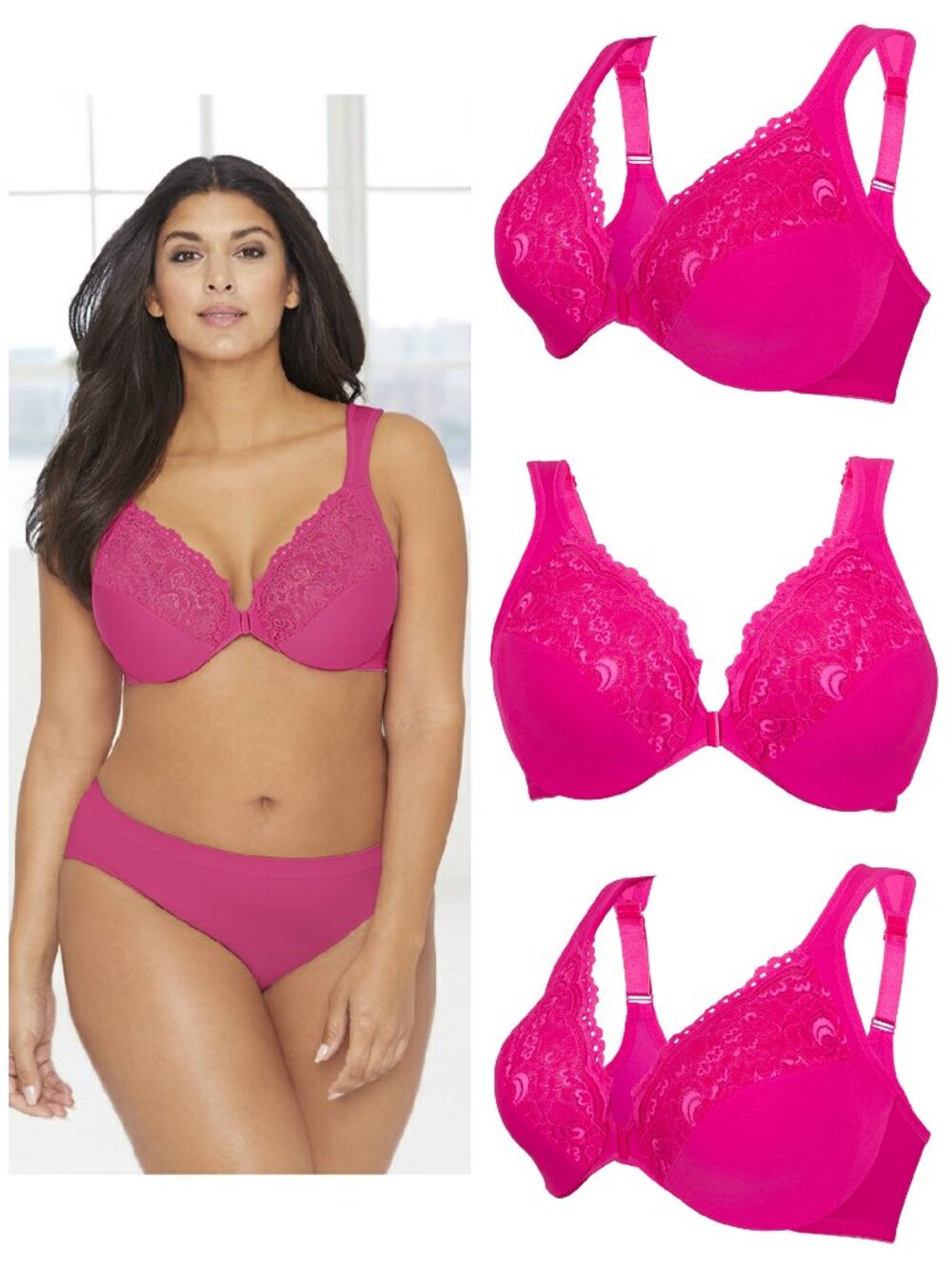 Set of 3! 42H Glamorise ELEGANCE Bra (UNDERWIRED) Lace STRETCH-STRAPS Pink NEW